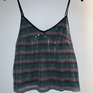 Sequin cropped tank top. Pink, green and black.